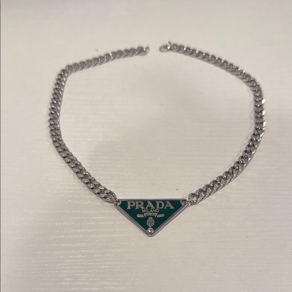 Prada repurposed unisex Silver and Green Chain Necklace